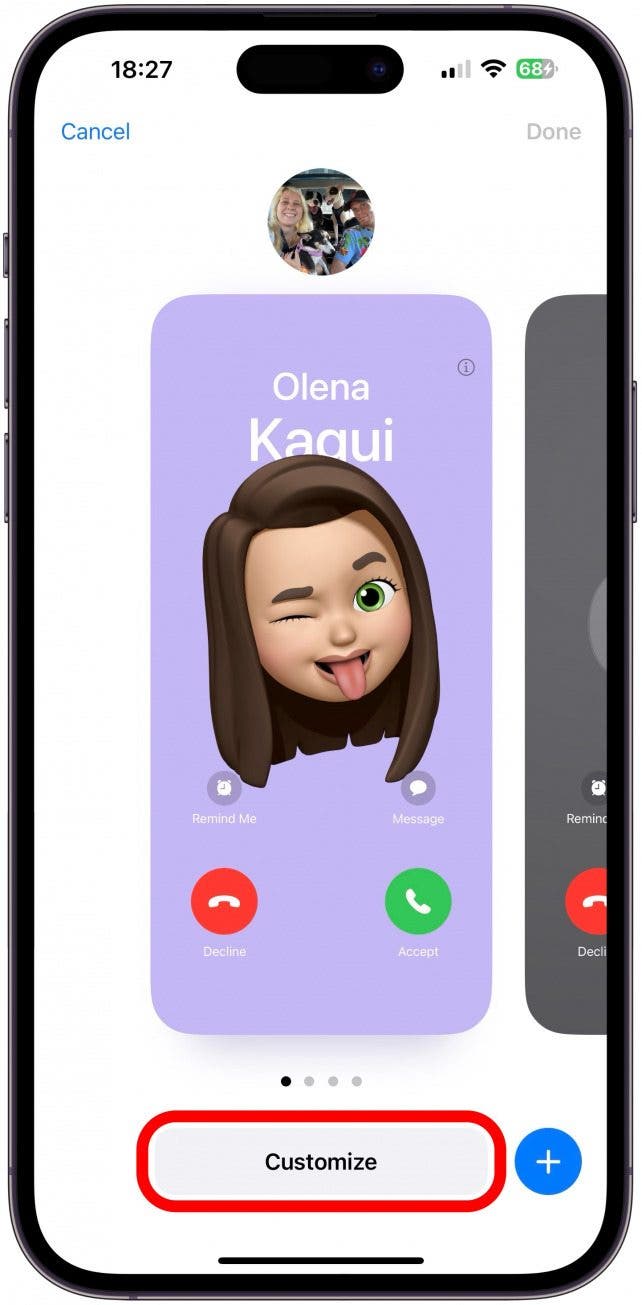 Finalmente, puedes personalizar el Póster de contacto seleccionado.  Toca Personalizar.