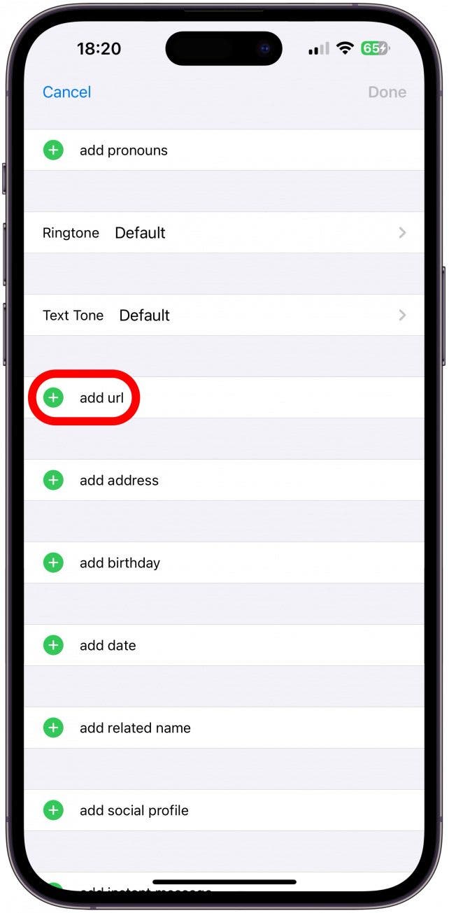 Toque el signo más verde para agregar información a un campo.