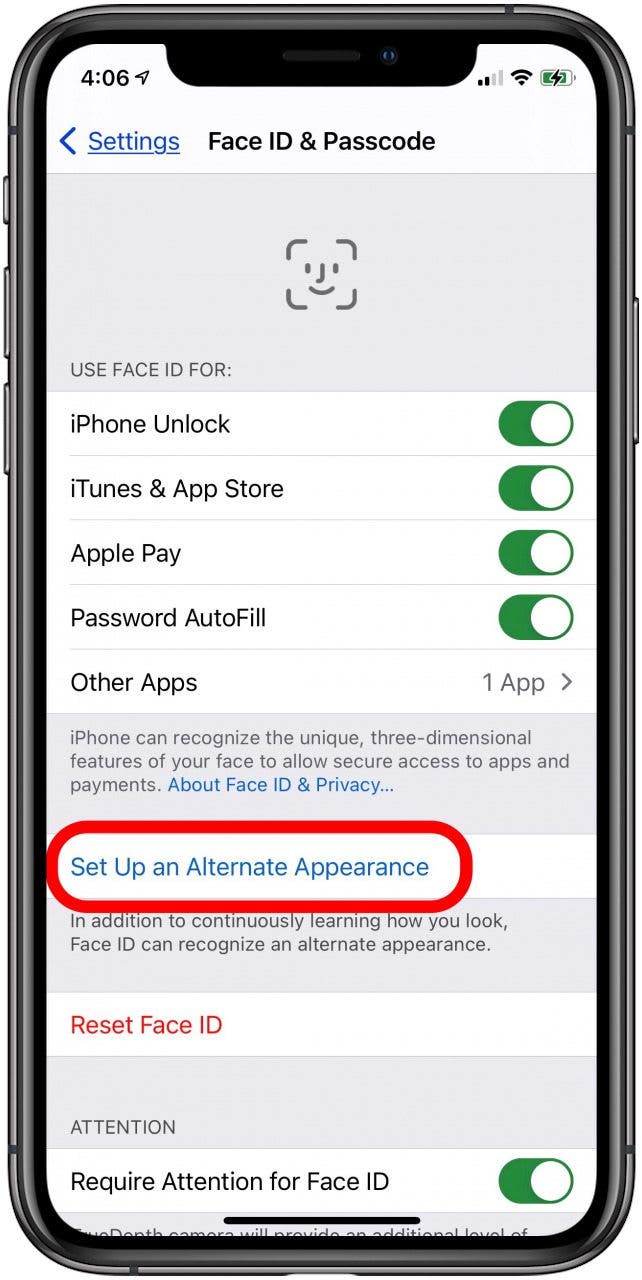 configurar una apariencia de identificación de rostro alternativa