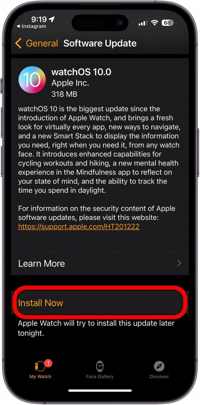toque instalar ahora para instalar la actualización de watchos