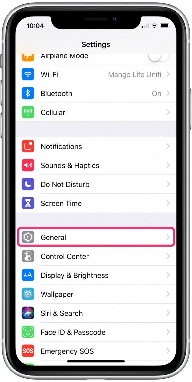 Una imagen de la pantalla de Configuración del iPhone con la categoría General rodeada por un círculo.