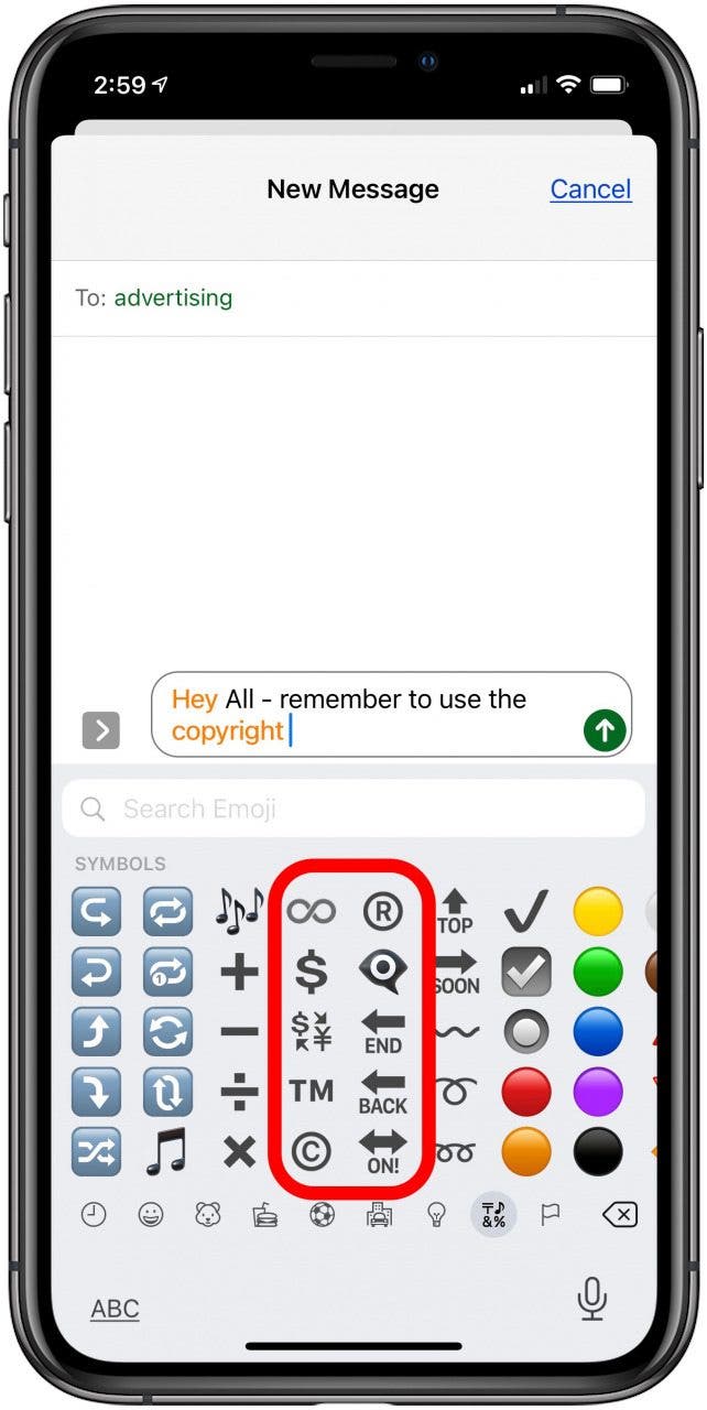 escriba el símbolo de copyright de los símbolos del teclado emoji