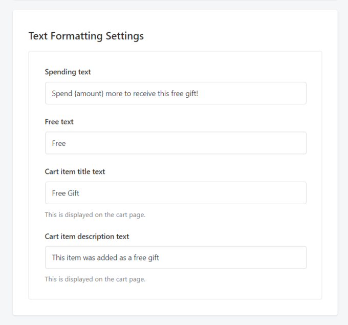 Configuración de formato de texto del módulo Regalos gratuitos