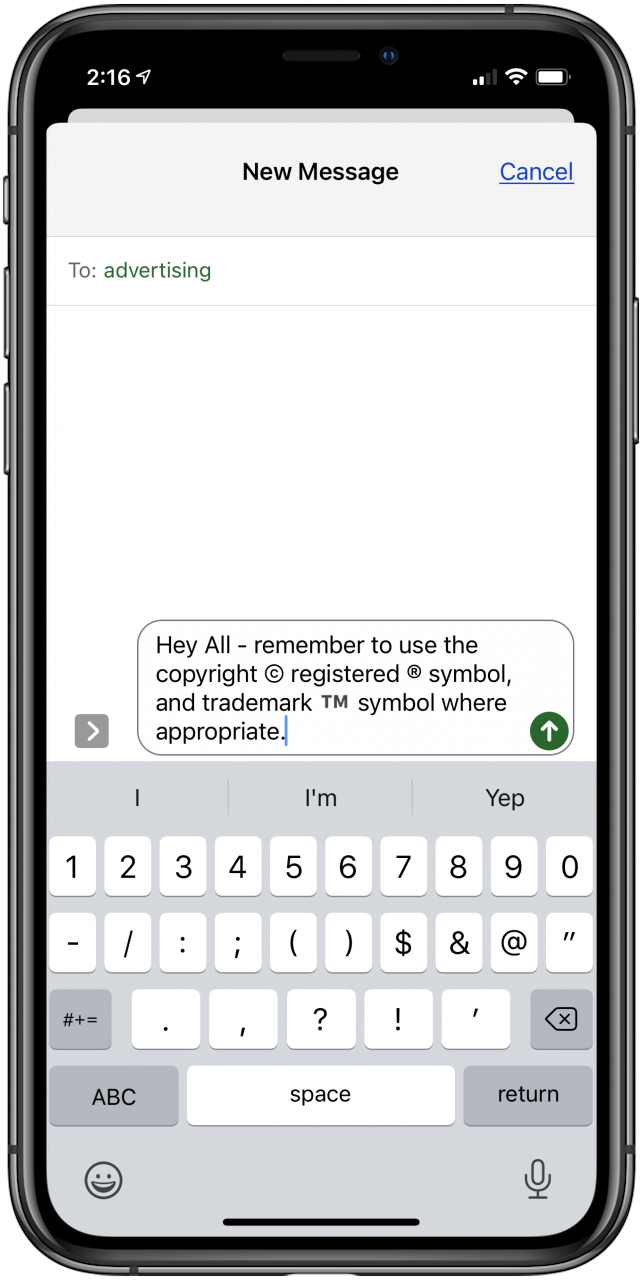símbolos de copyright, registrados y marcas registradas de iphone