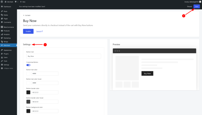 Módulo Comprar ahora del comerciante, sección Configuración