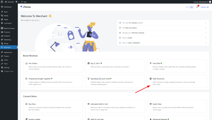 Módulo de descuentos por volumen, ubicación en el panel del comerciante