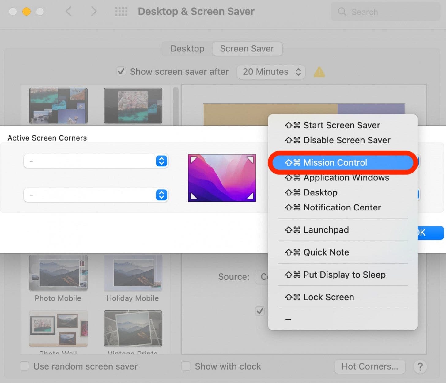 Cómo utilizar Mac Hot Corners Paso 6: seleccione Mission Control