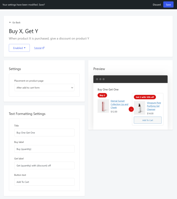 Configuración y configuración de formato de texto del módulo Comprar X, Obtener Y de Merchant Pro
