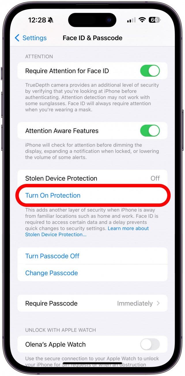 Desplácese hacia abajo hasta que vea Protección de dispositivo robado y toque Activar protección.