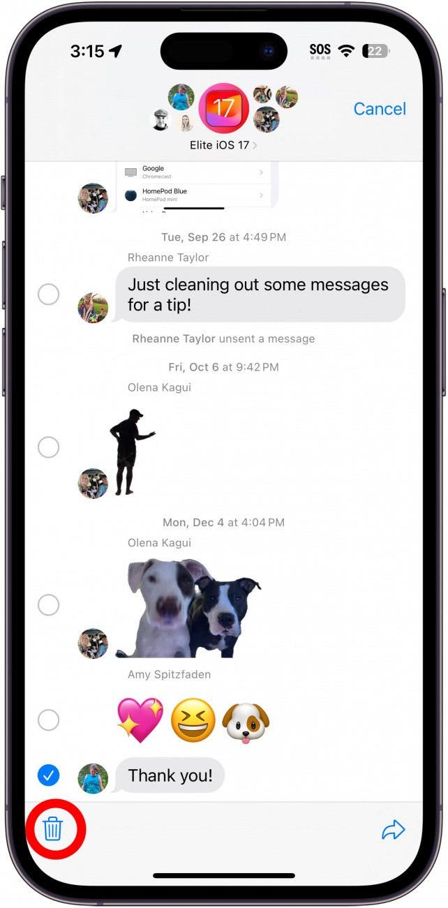 conversación de mensaje de iPhone con un círculo rojo alrededor del ícono de la papelera