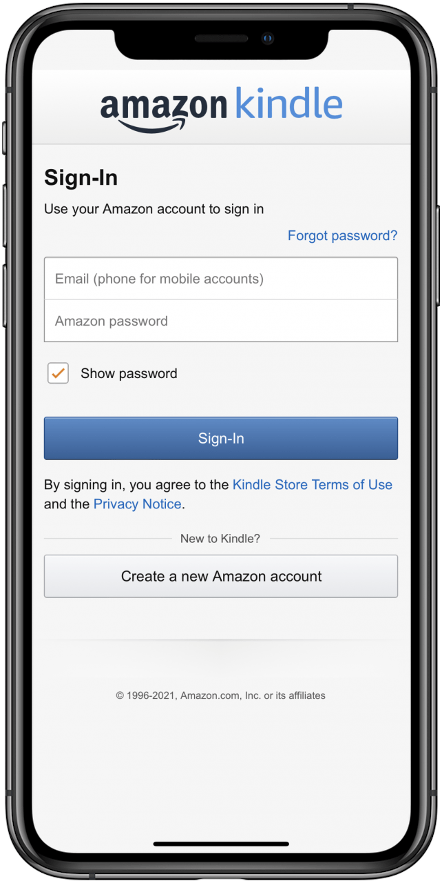 Inicie sesión con el mismo correo electrónico y contraseña que utilizó para configurar su Kindle.