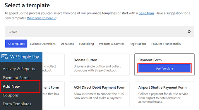 Seleccione una plantilla para WP Simple Pay