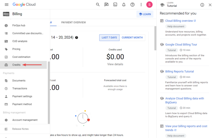 comprobar los créditos de la consola en la nube de Google desde la página de facturación