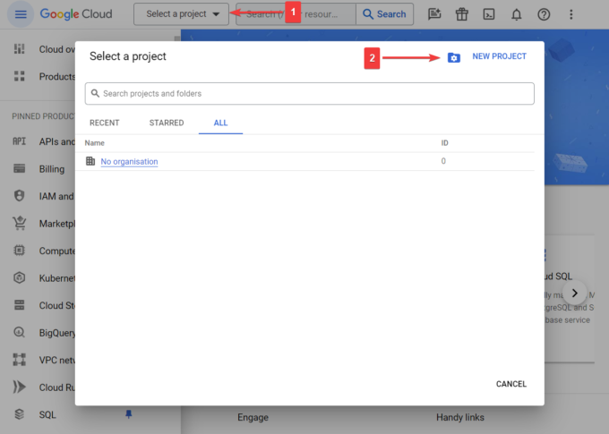 creando un nuevo proyecto en la nube de Google