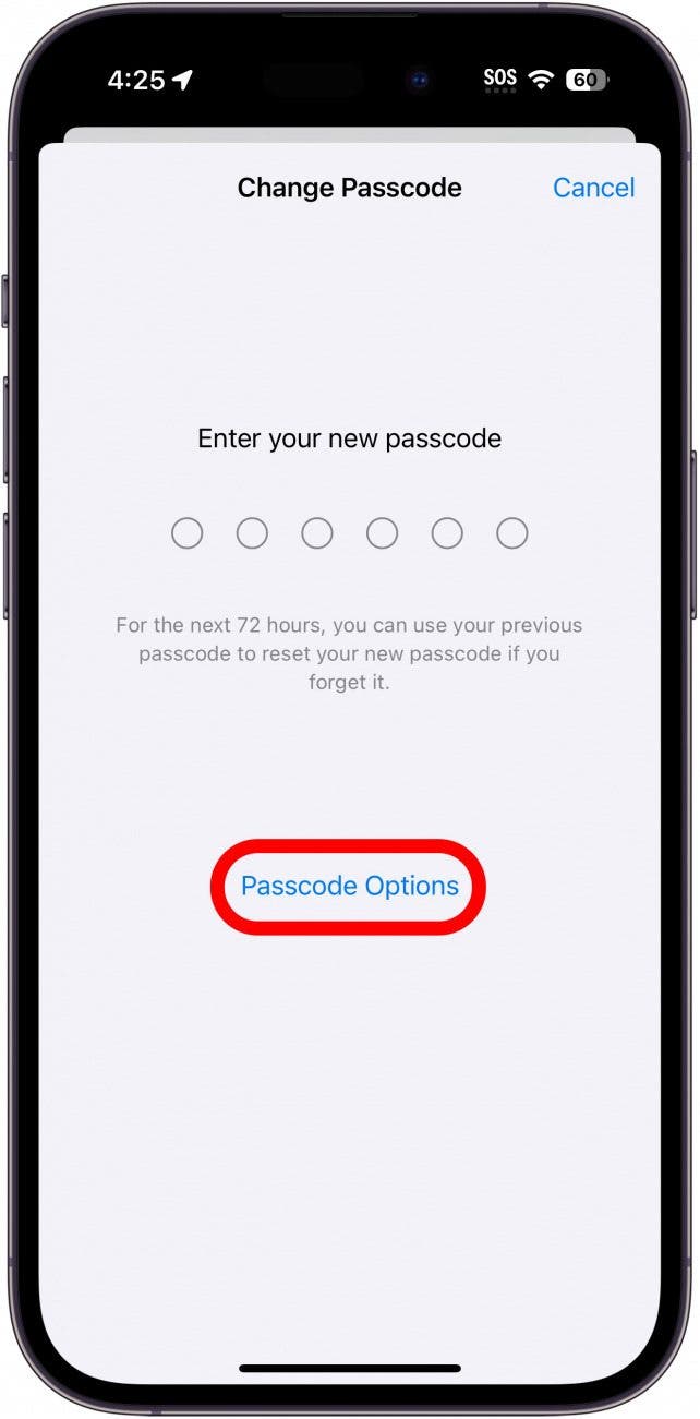 Pantalla de cambio de contraseña de iPhone con opciones de contraseña en un círculo rojo