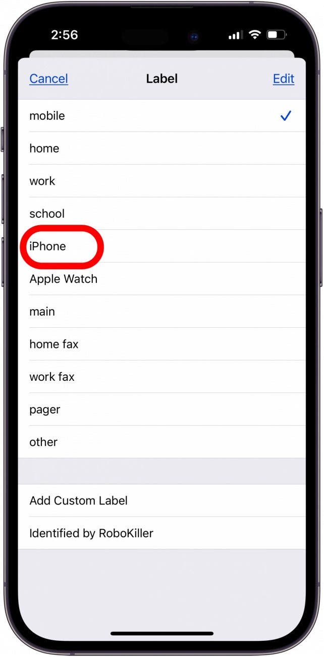 toca iphone en el menú de etiquetas de contactos