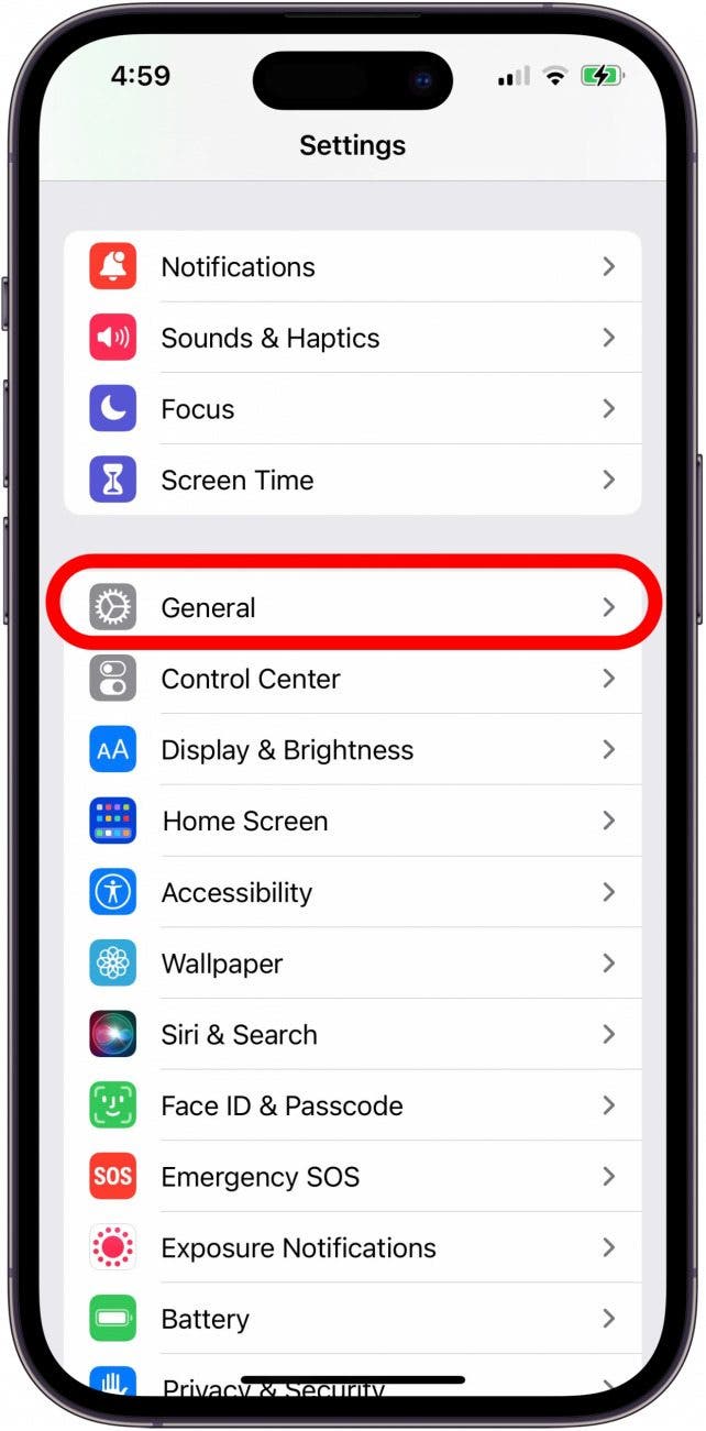toca general en la configuración del iPhone