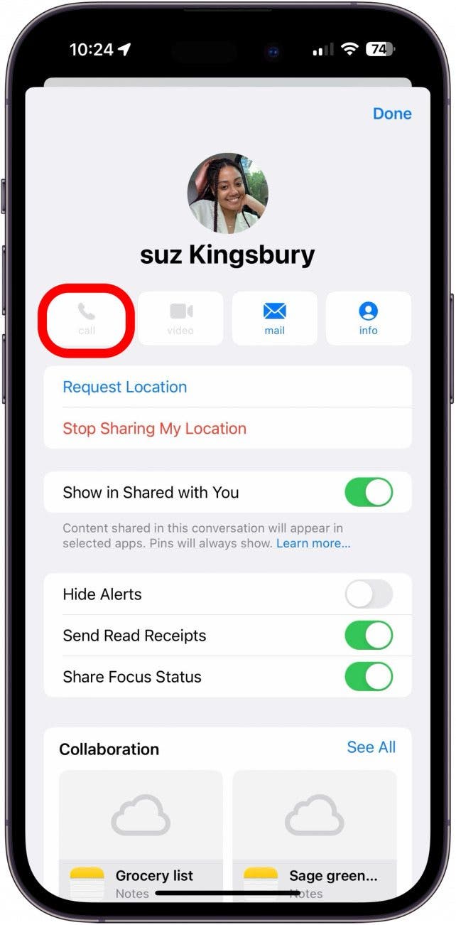 botón de llamada de contacto del iPhone atenuado