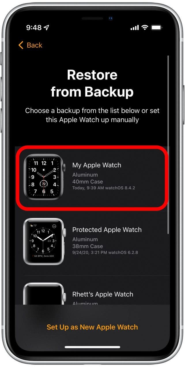 Toca la última copia de seguridad de tu reloj.