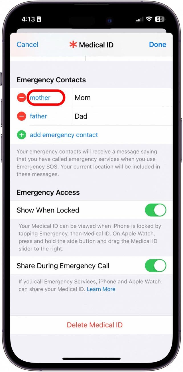 contacto de emergencia iphone