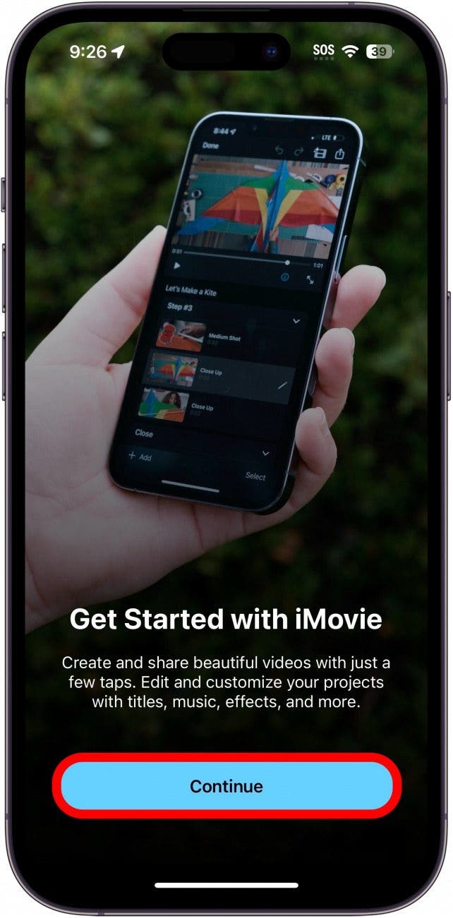 Aplicación Imovie para iPhone con el botón Continuar con un círculo rojo