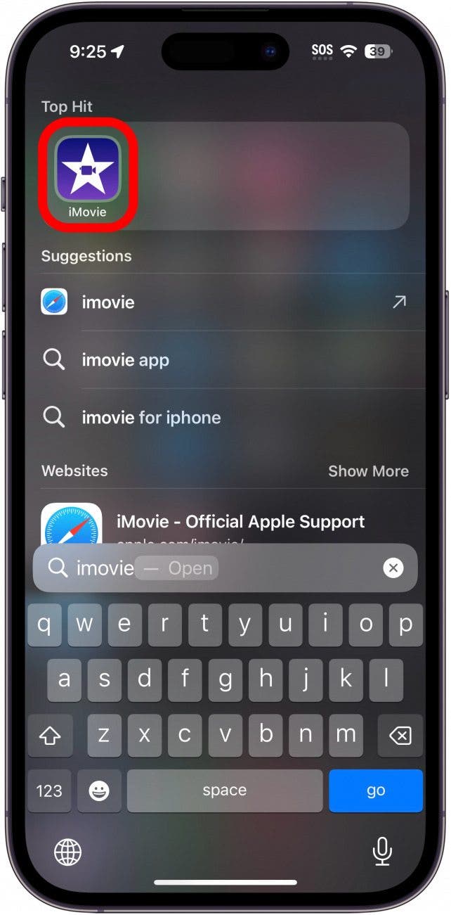 Búsqueda destacada de iPhone con la aplicación Imovie con un círculo rojo