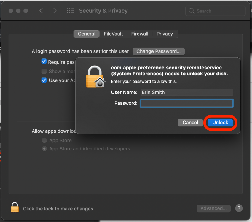 Ingrese su contraseña de Mac y haga clic en Desbloquear