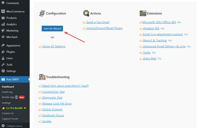 Asistente de configuración de publicación SMTP
