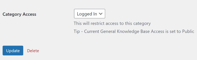 Configuración de acceso a categorías
