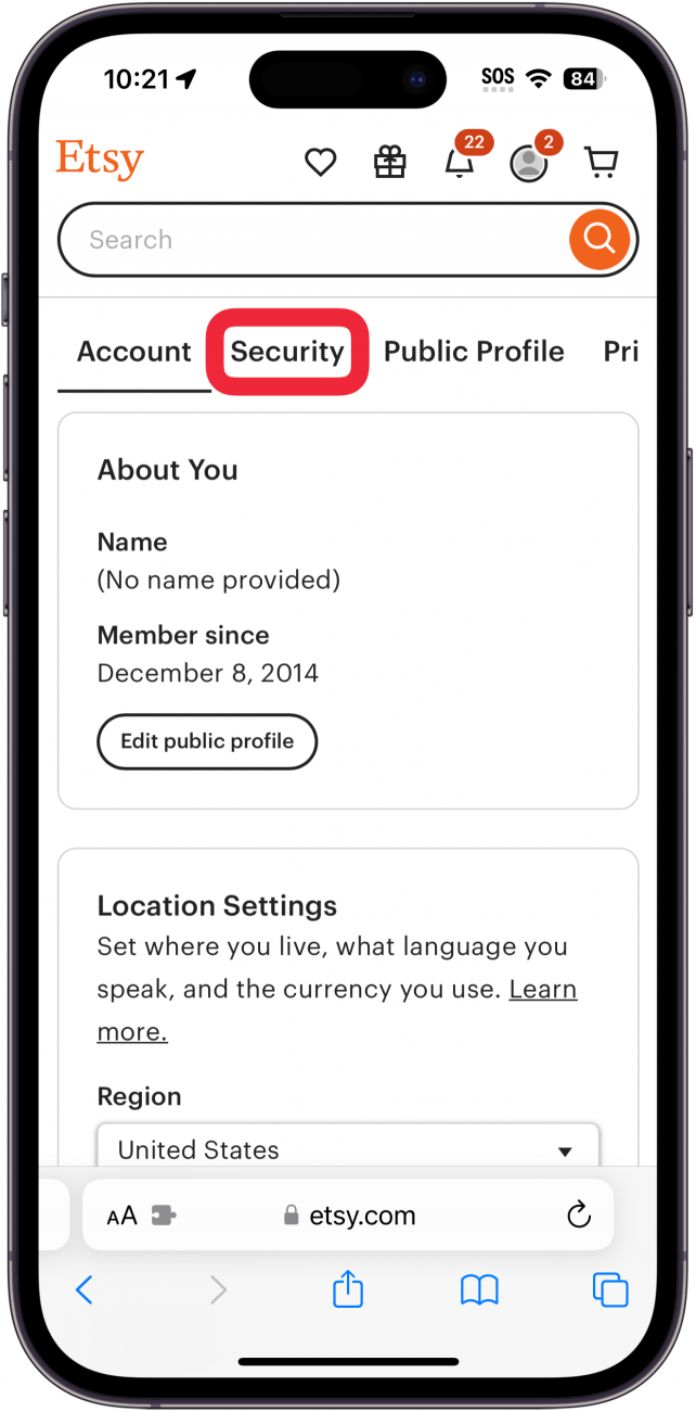 iPhone Safari que muestra la configuración de la cuenta de Etsy con un cuadro rojo alrededor de la pestaña de seguridad.