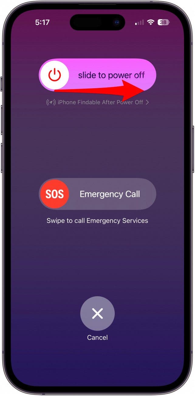 Deslice para apagar su iPhone como un reinicio normal.