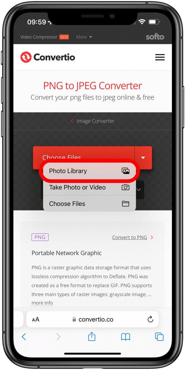 toca la biblioteca de fotos para elegir png y convertir