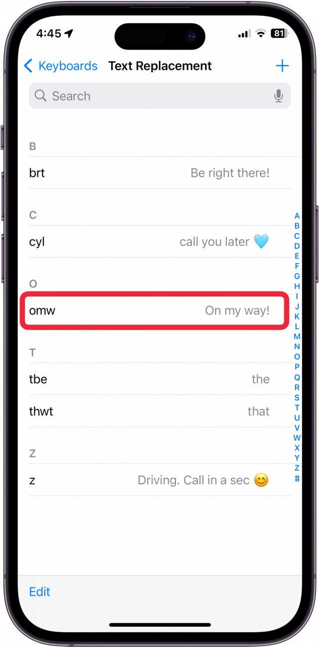 atajo de texto del iPhone