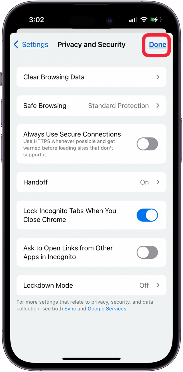 toque Listo para bloquear el modo incógnito en iPhone y iPad