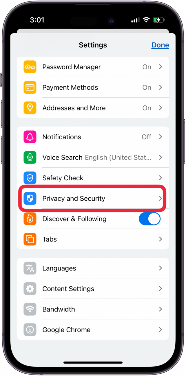 toque privacidad y seguridad para bloquear las pestañas del iPhone en modo incógnito