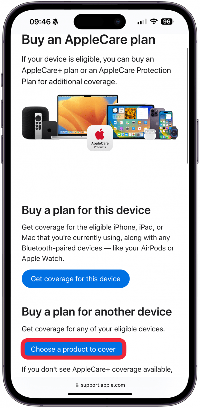 Abra Comprar un plan AppleCare y toque Elegir un producto para cubrir.