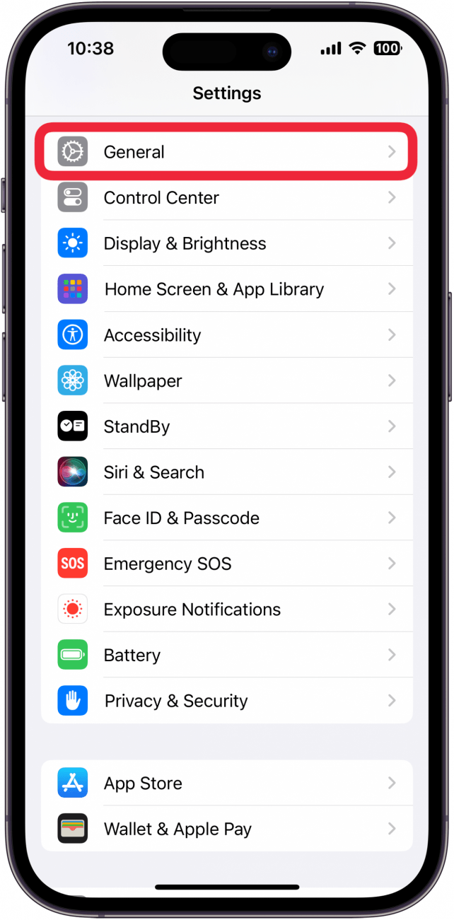 Configuración del iPhone con un cuadro rojo alrededor de General.
