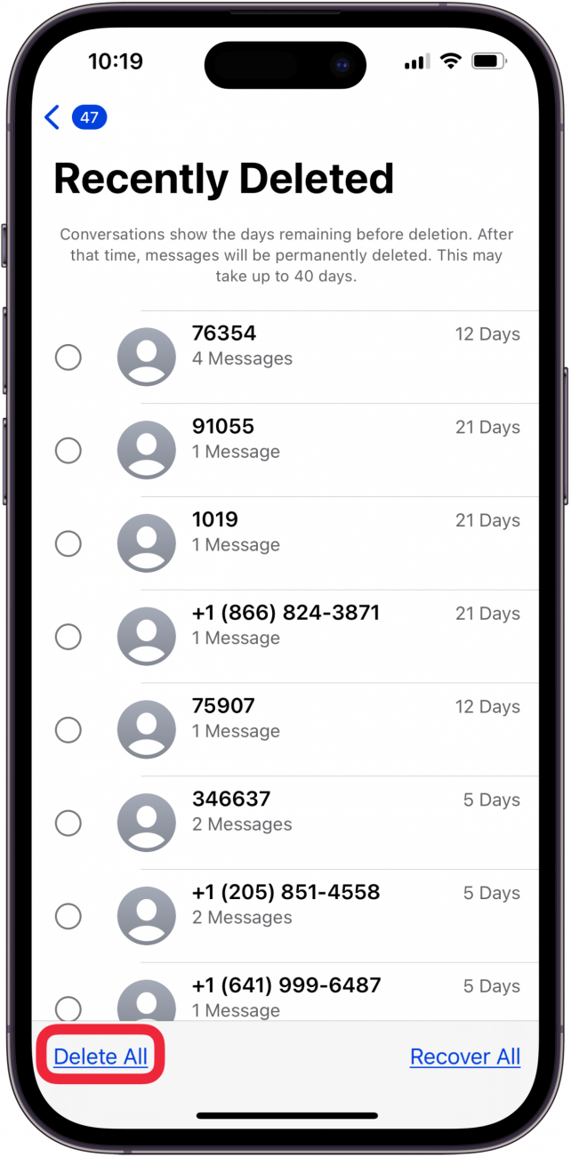 toque eliminar todo para eliminar los textos eliminados recientemente del iPhone