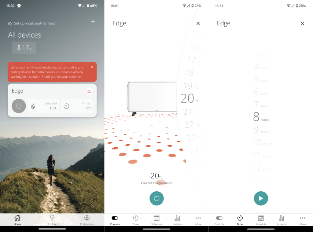 Capturas de pantalla de Android que muestran la configuración de temperatura y los modos de temporizador
