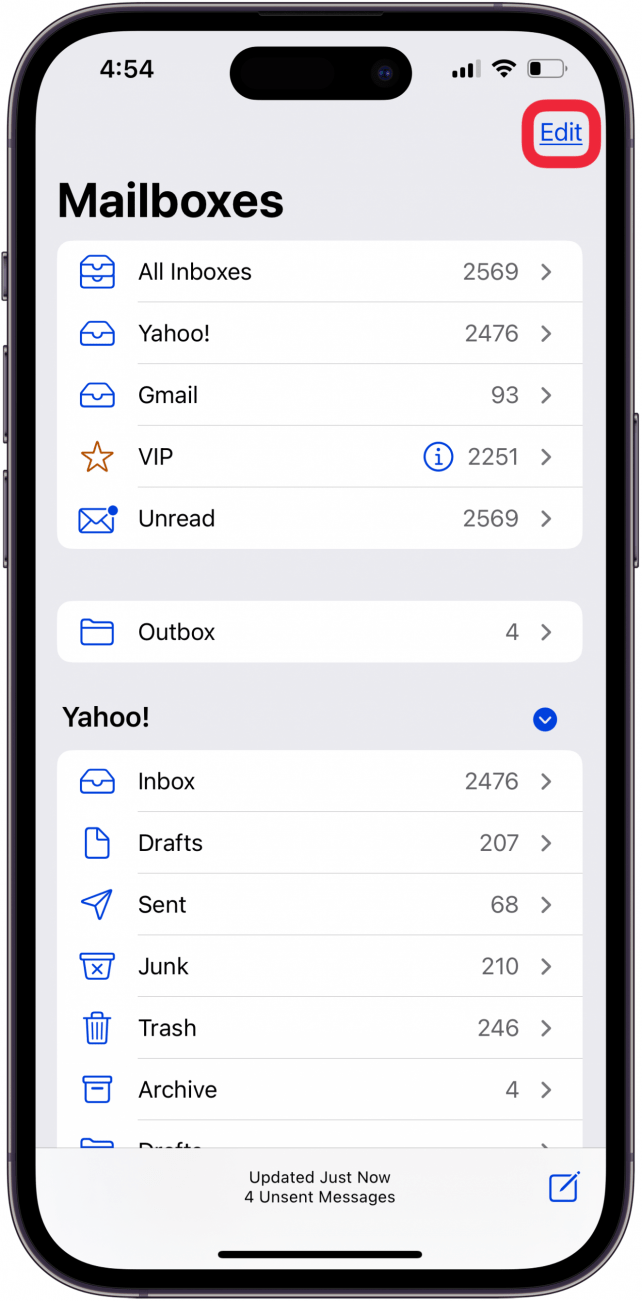toque editar para restaurar el correo electrónico perdido en el iPhone
