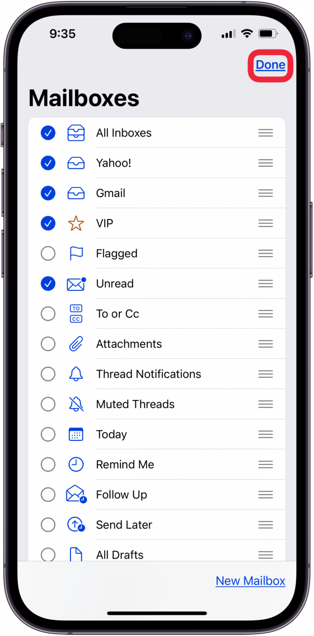 toque Listo para restaurar el correo electrónico perdido en el iPhone