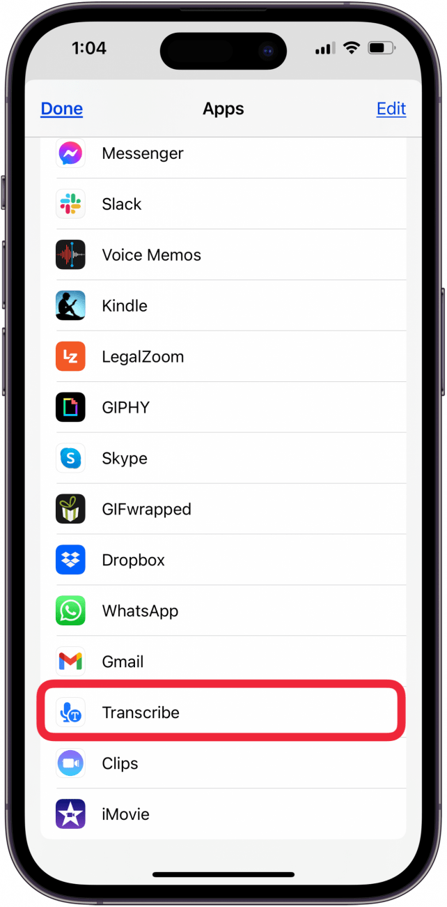toque la aplicación transcribir para transcribir notas de voz