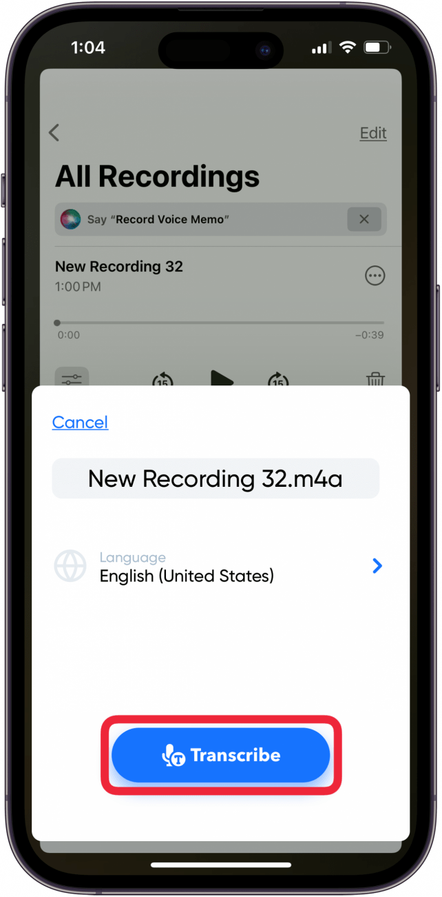 toque transcribir para transcribir notas de voz