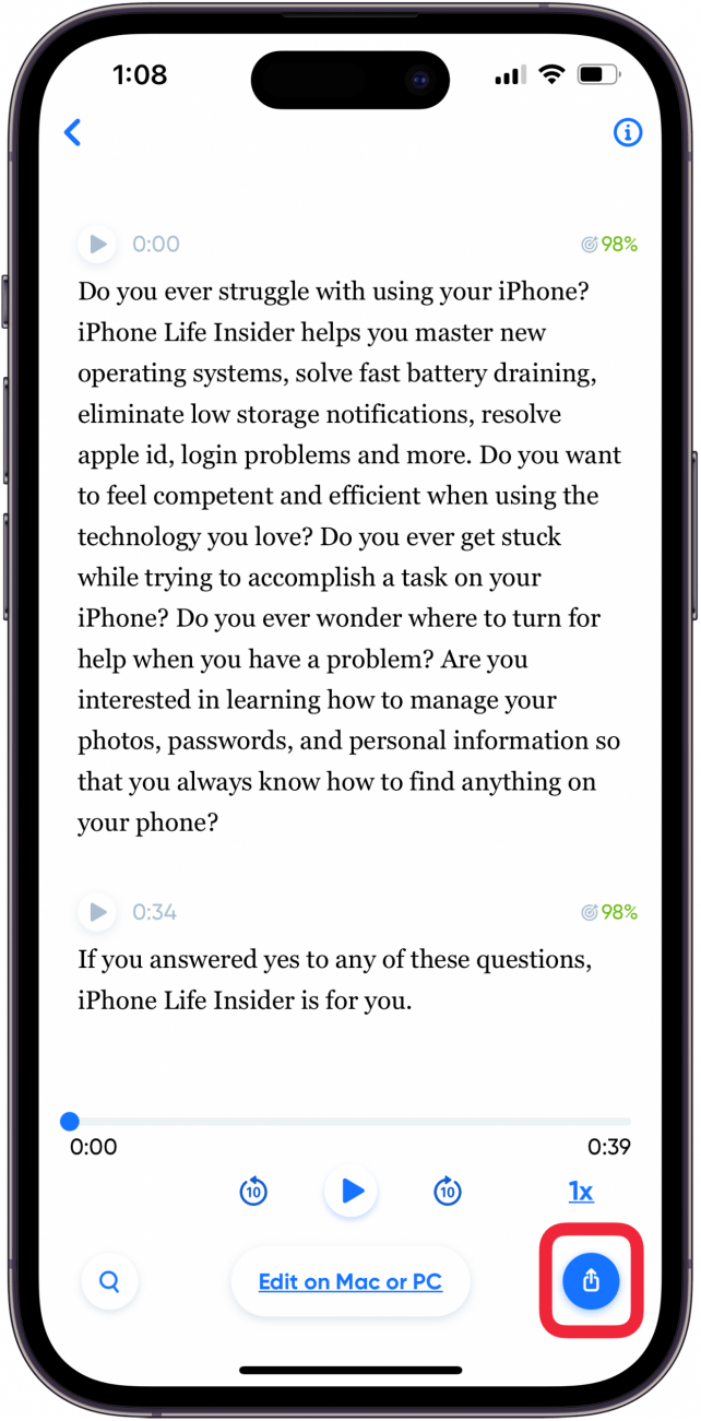 toque el ícono de compartir para compartir la transcripción de notas de voz de ios 17