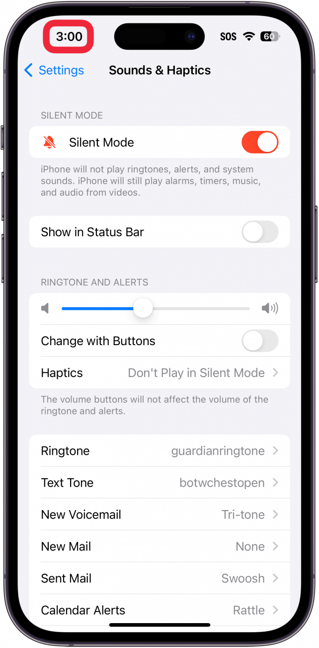 Pantalla de configuración de sonidos y hápticos del iPhone con un cuadro rojo alrededor del tiempo y el ícono de campana silenciosa ya no se muestra