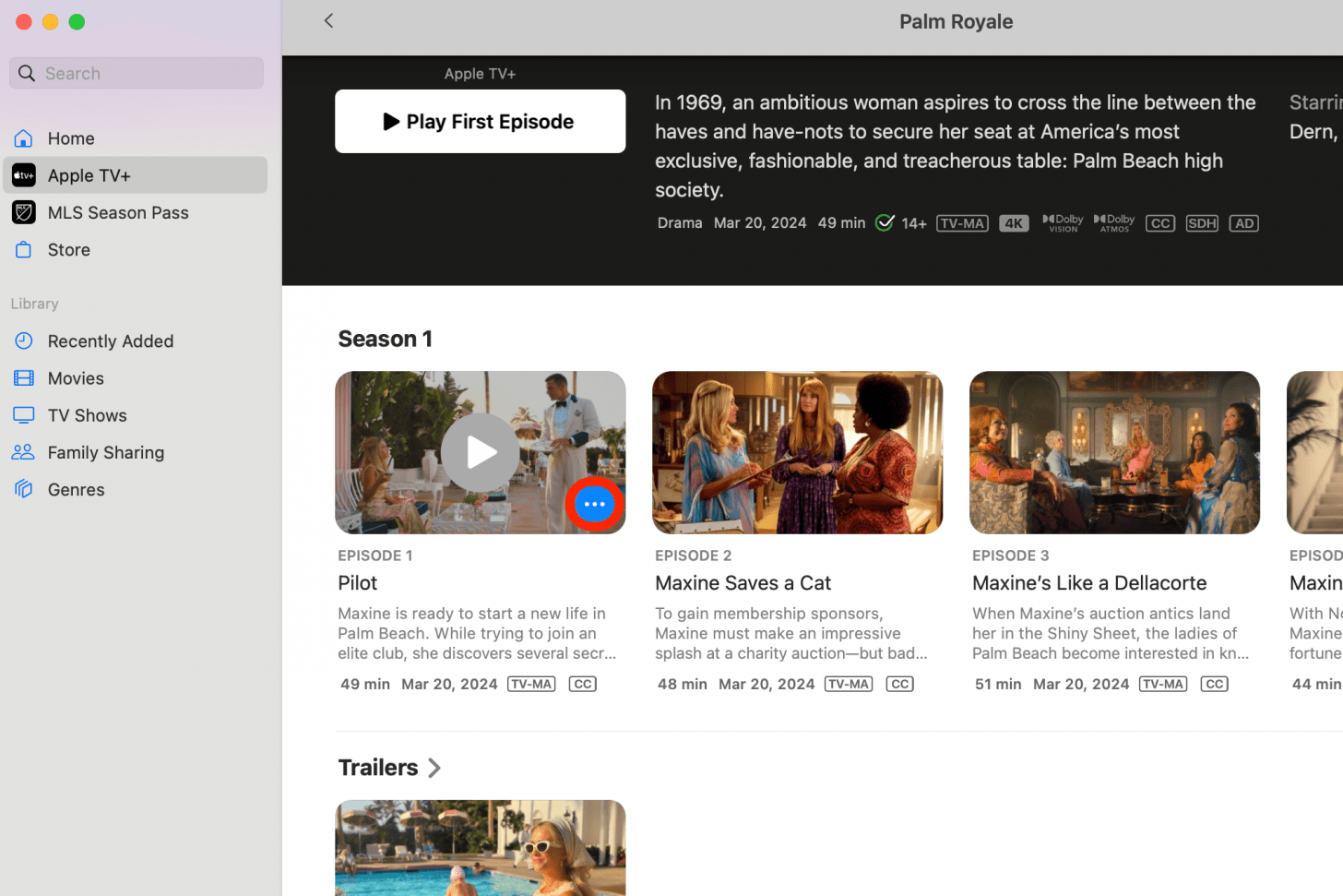 Localice un programa o película que desee descargar y presione el menú Más (tres puntos).