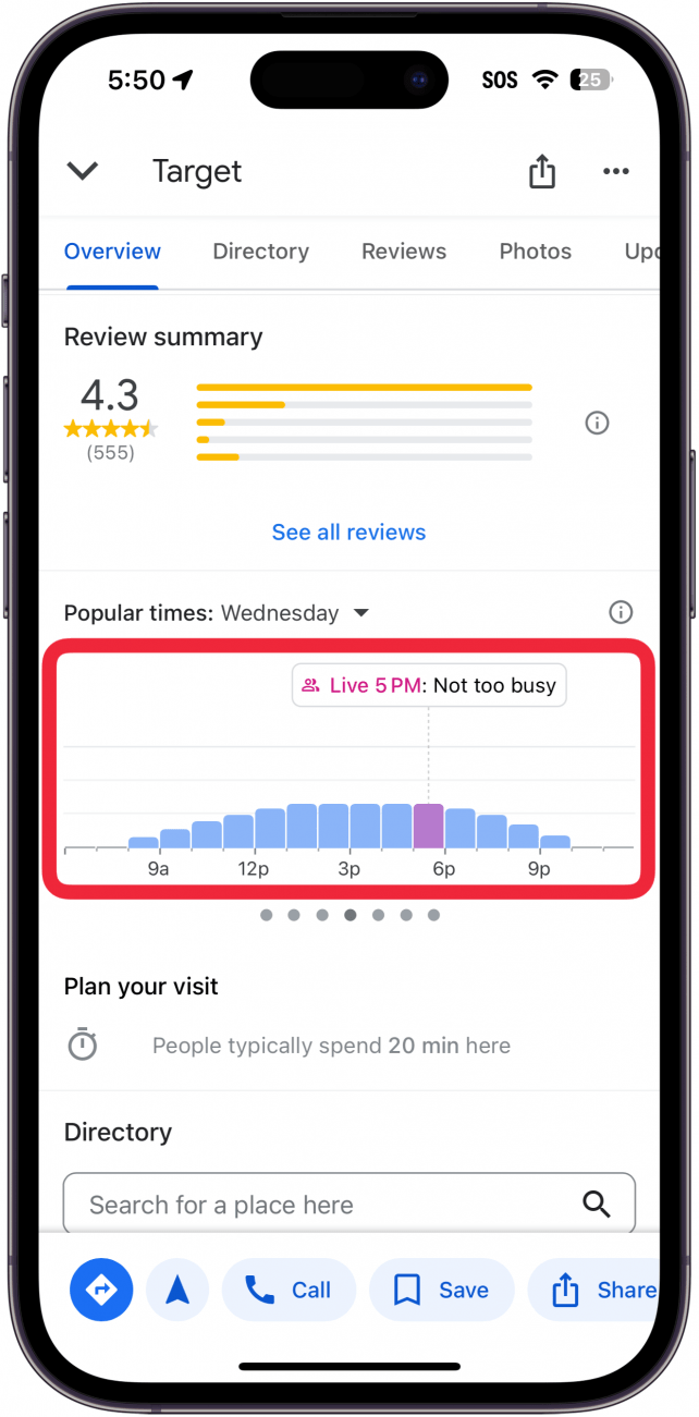Resultado del destino de Google Maps en el iPhone con un cuadro rojo alrededor de un gráfico que muestra los horarios populares