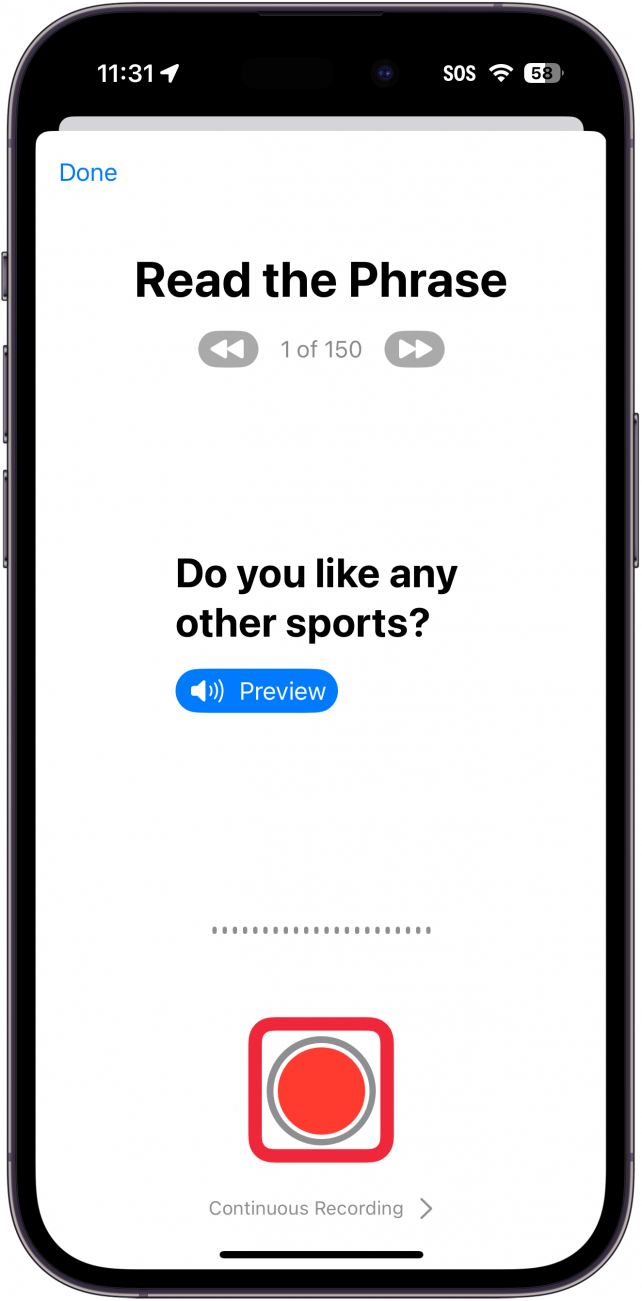 voz personal del iPhone configurada con un cuadro rojo alrededor del botón rojo de grabación