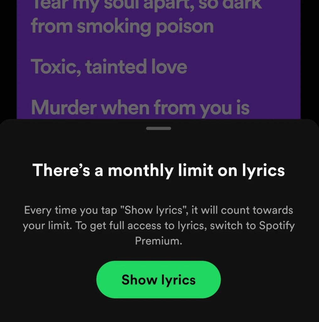 Límite mensual de letras de Spotify