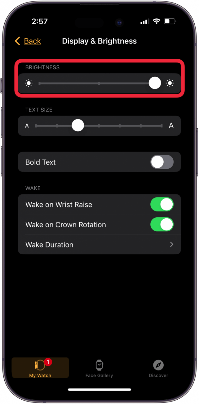 deslice el punto hacia la derecha para aumentar el brillo del Apple Watch